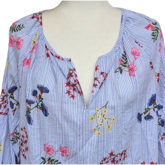 Tribal Jeans Floral Print Blue White Striped Round Split Neck Blouse Top Size L - Picture 2 of 11